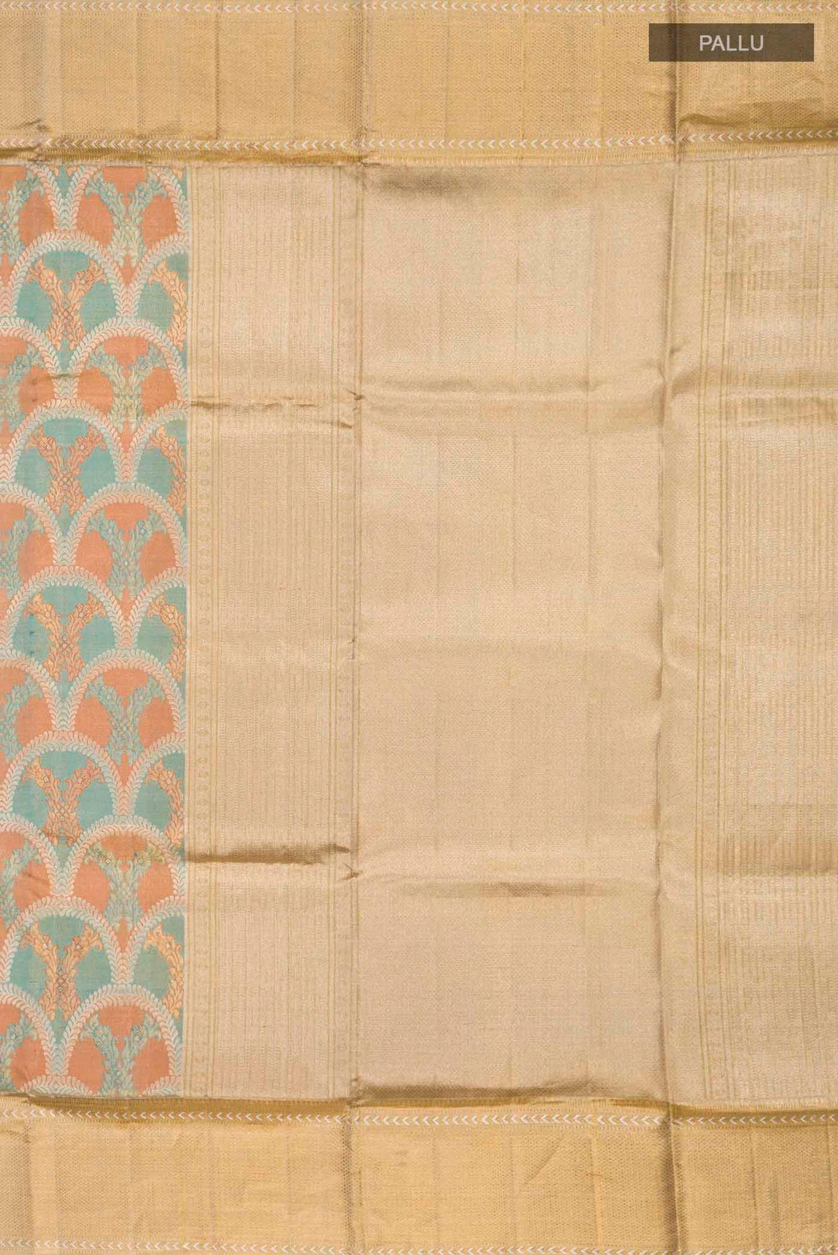 Close up image of the pallu of Pure Silk Pure Zari Multi Kanchipuram Tissue Saree with Zari Brocade on the body and Zari Border