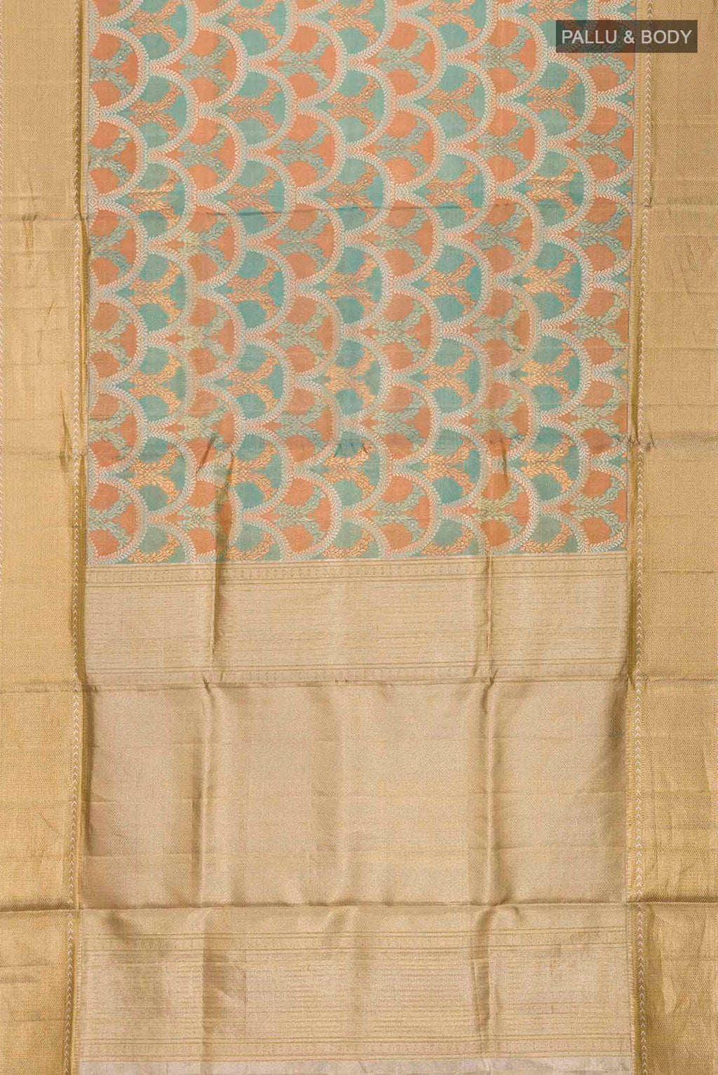 Flat view of Pure Silk Pure Zari Multi Kanchipuram Tissue Saree with Zari Brocade on the body and Zari Border