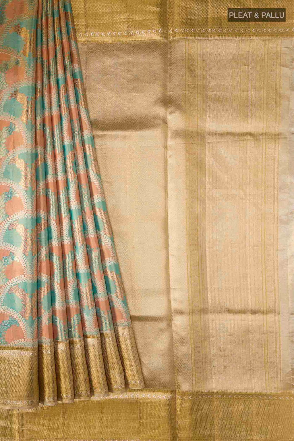 Pleats and pallu of Pure Silk Pure Zari Multi Kanchipuram Tissue Saree with Zari Brocade on the body and Zari Border