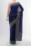 Navy Blue Art Silk Saree with Embroidery on the body and Thread Border displayed on a mannequin