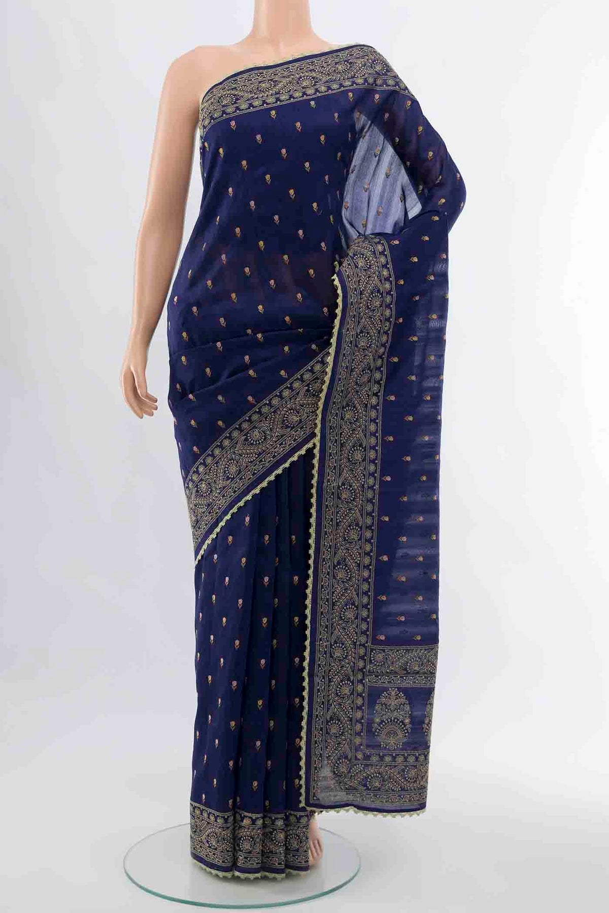 Navy Blue Art Silk Saree with Embroidery on the body and Thread Border displayed on a mannequin