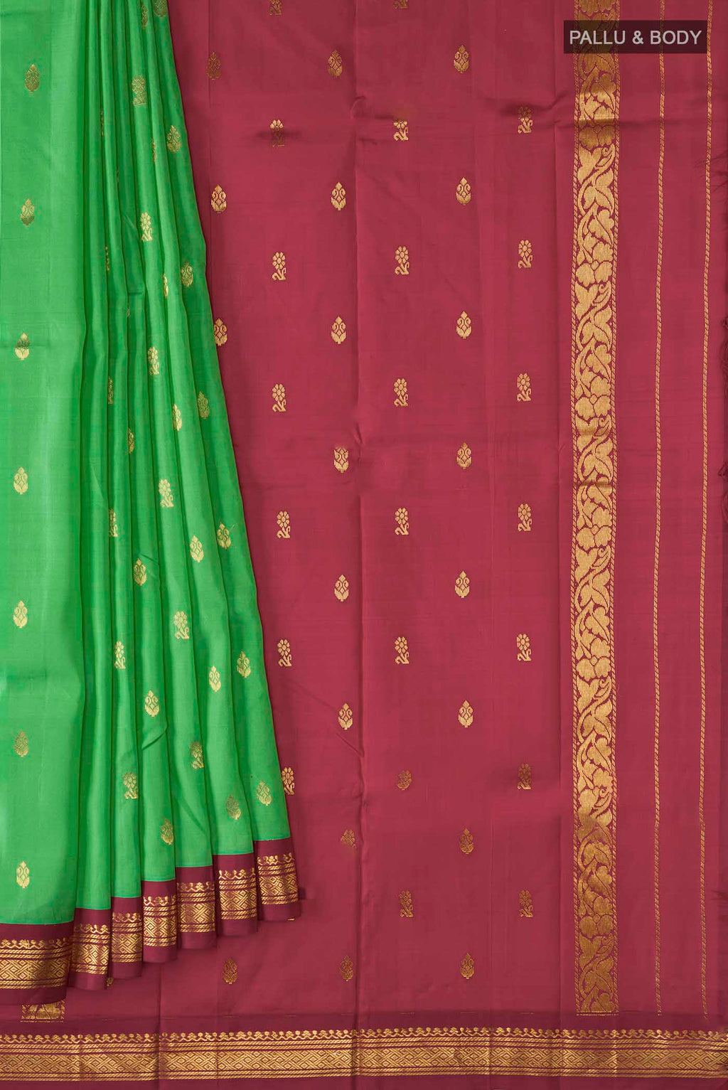Pleats and pallu of Green Kanchipuram Silk Saree with Zari Butta on the body and One Side Border