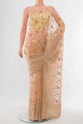 Peach Tussar Silk Saree with Embroidery on the body and Embroidery Border displayed on a mannequin