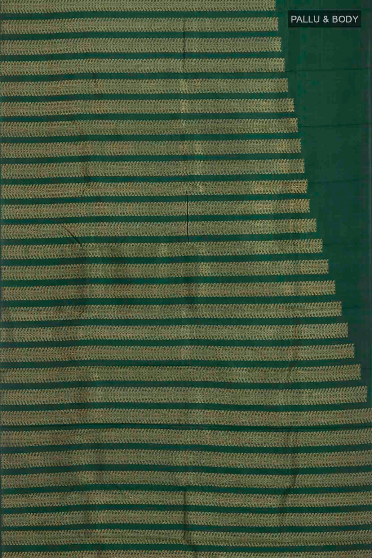 Flat view of Green Kanchipuram Silk Saree with Stripes on the body and Without Border