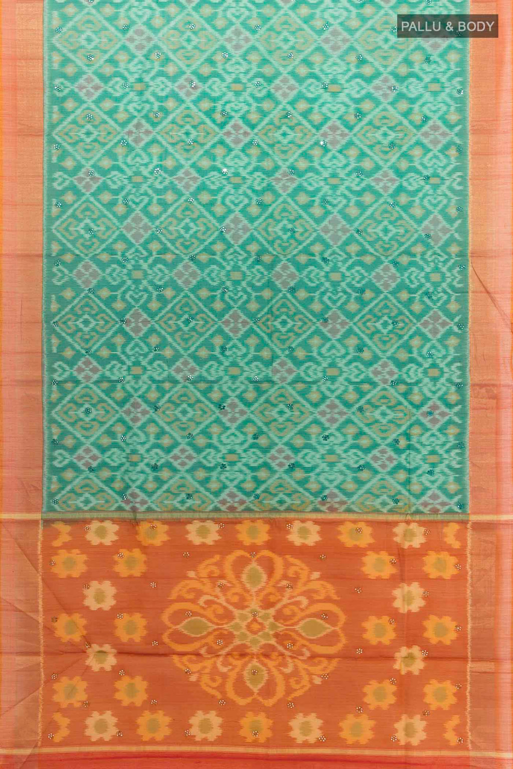 Flat view of Green Silk Cotton Saree with Ikat design on the body and Zari Border