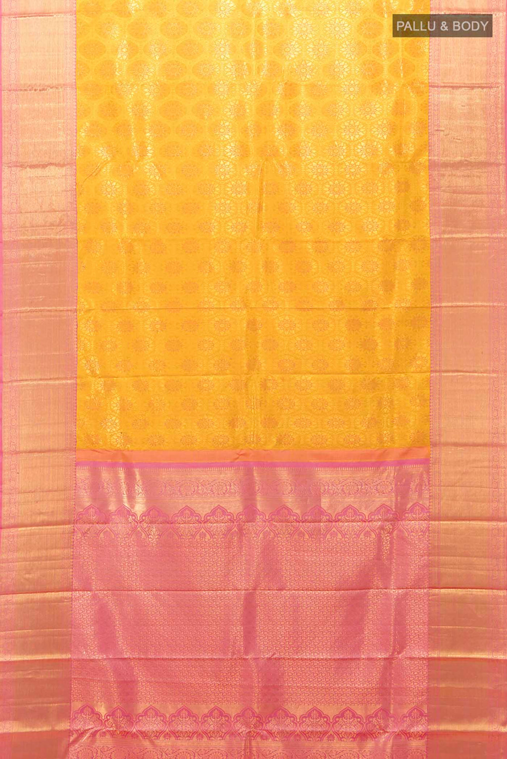 Flat view of Yellow Kanchipuram Silk Saree with Zari Brocade on the body and Zari Border