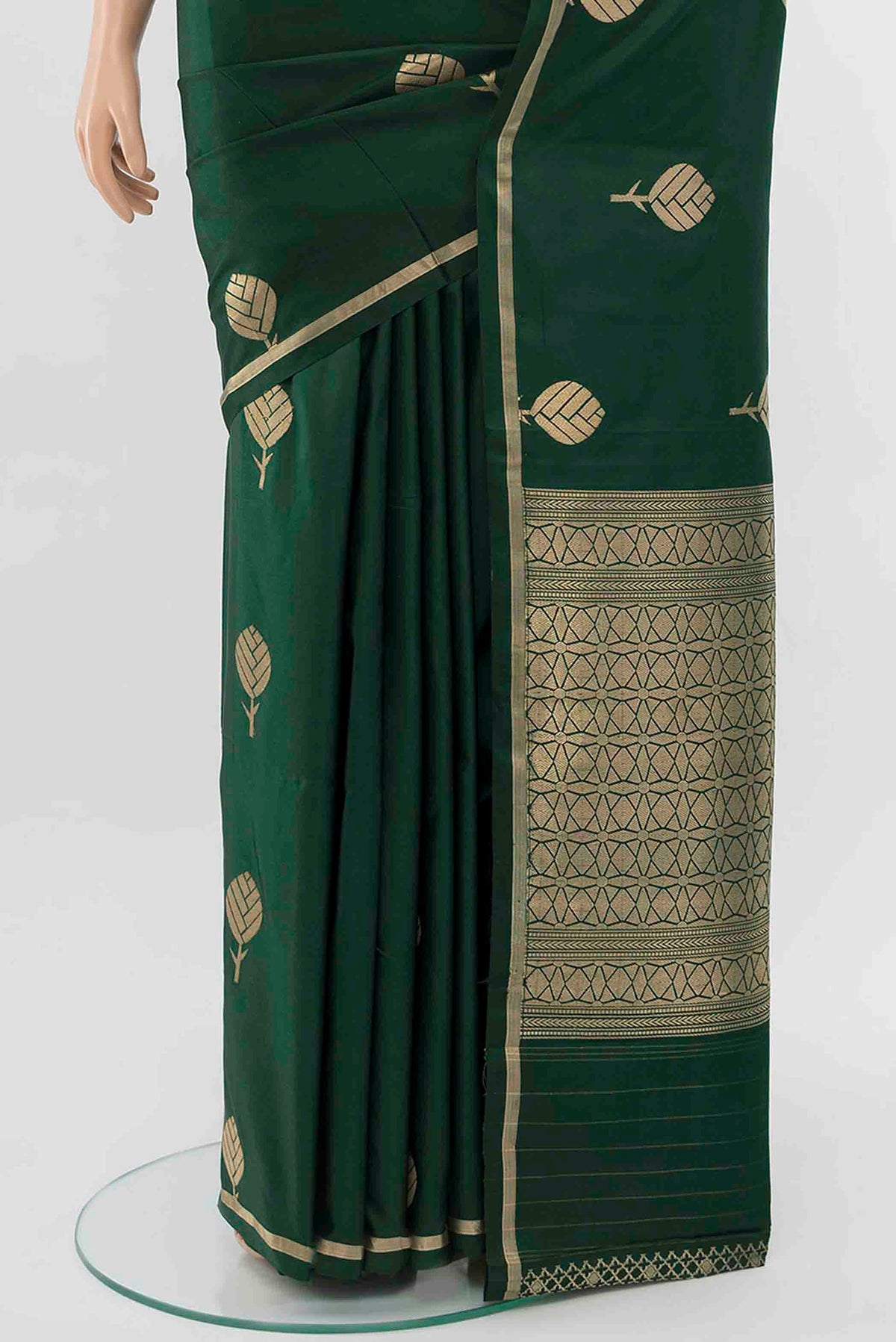 Pleats and pallu of Bottle Green Banarasi Silk Saree with Zari Butta on the body and Thin Zari Line