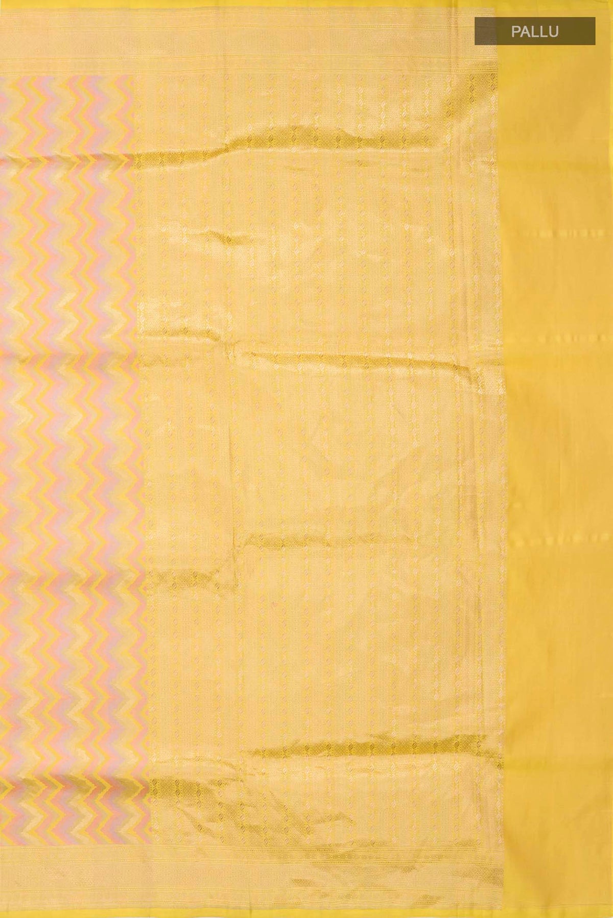 Close up image of the pallu of Yellow Banarasi Silk Saree with Zig Zag design on the body and Zari Border