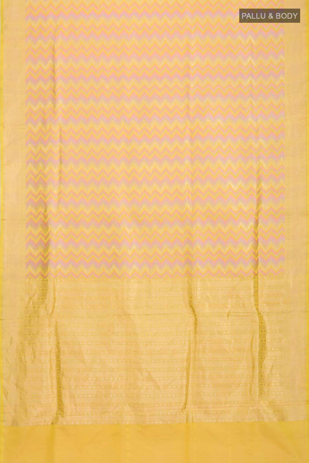 Flat view of Yellow Banarasi Silk Saree with Zig Zag design on the body and Zari Border