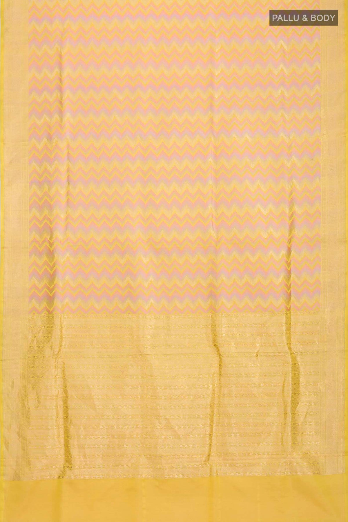 Flat view of Yellow Banarasi Silk Saree with Zig Zag design on the body and Zari Border