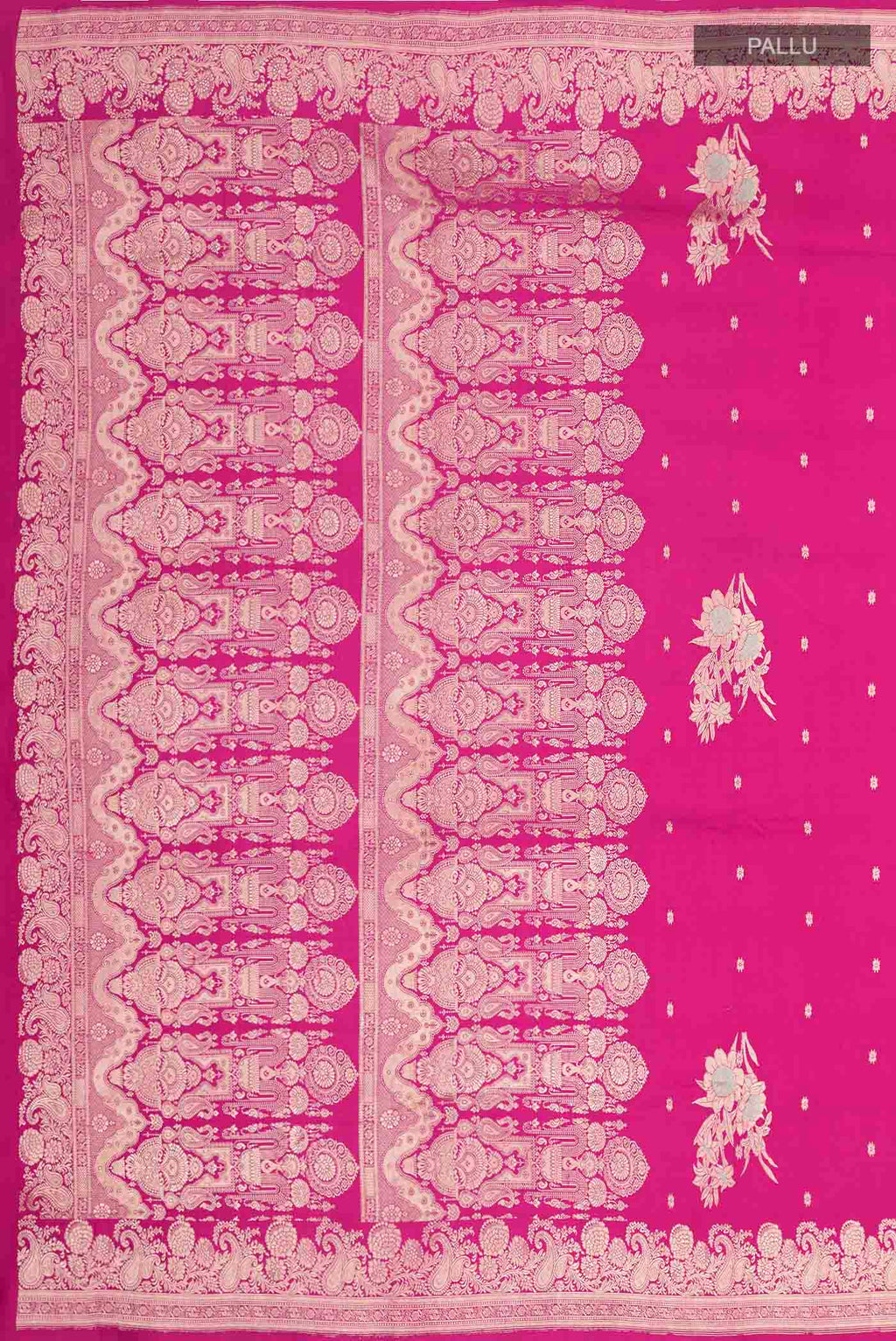 Close up image of the pallu of Pink Banarasi Silk Saree with Zari Butta on the body and Zari Border