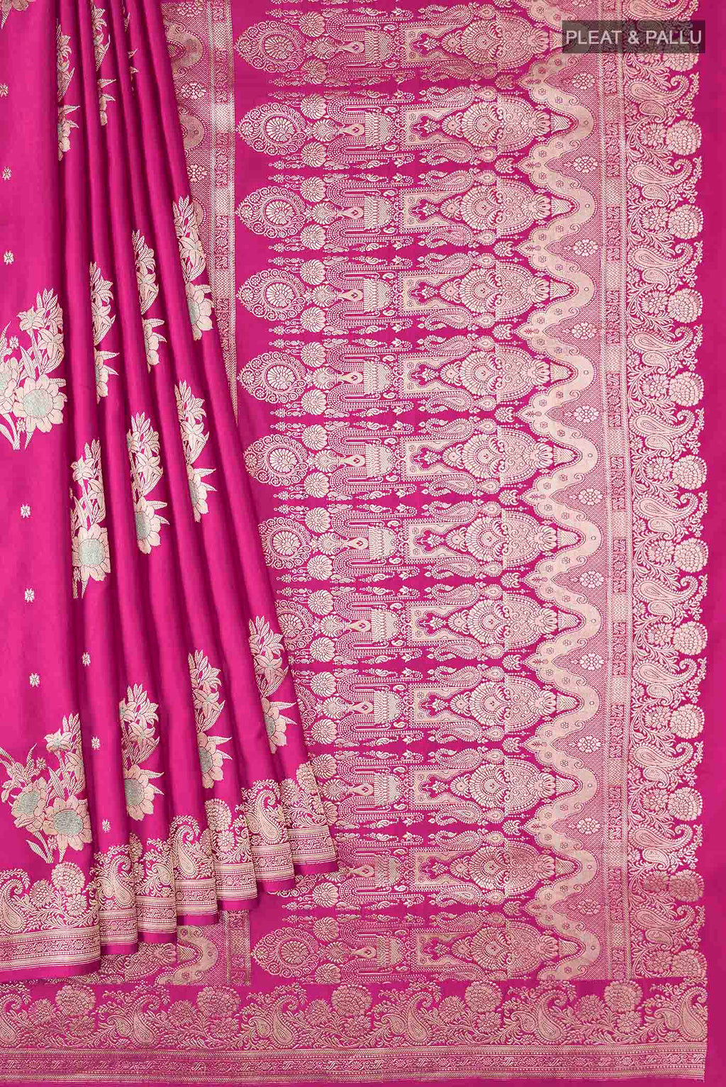 Pleats and pallu of Pink Banarasi Silk Saree with Zari Butta on the body and Zari Border