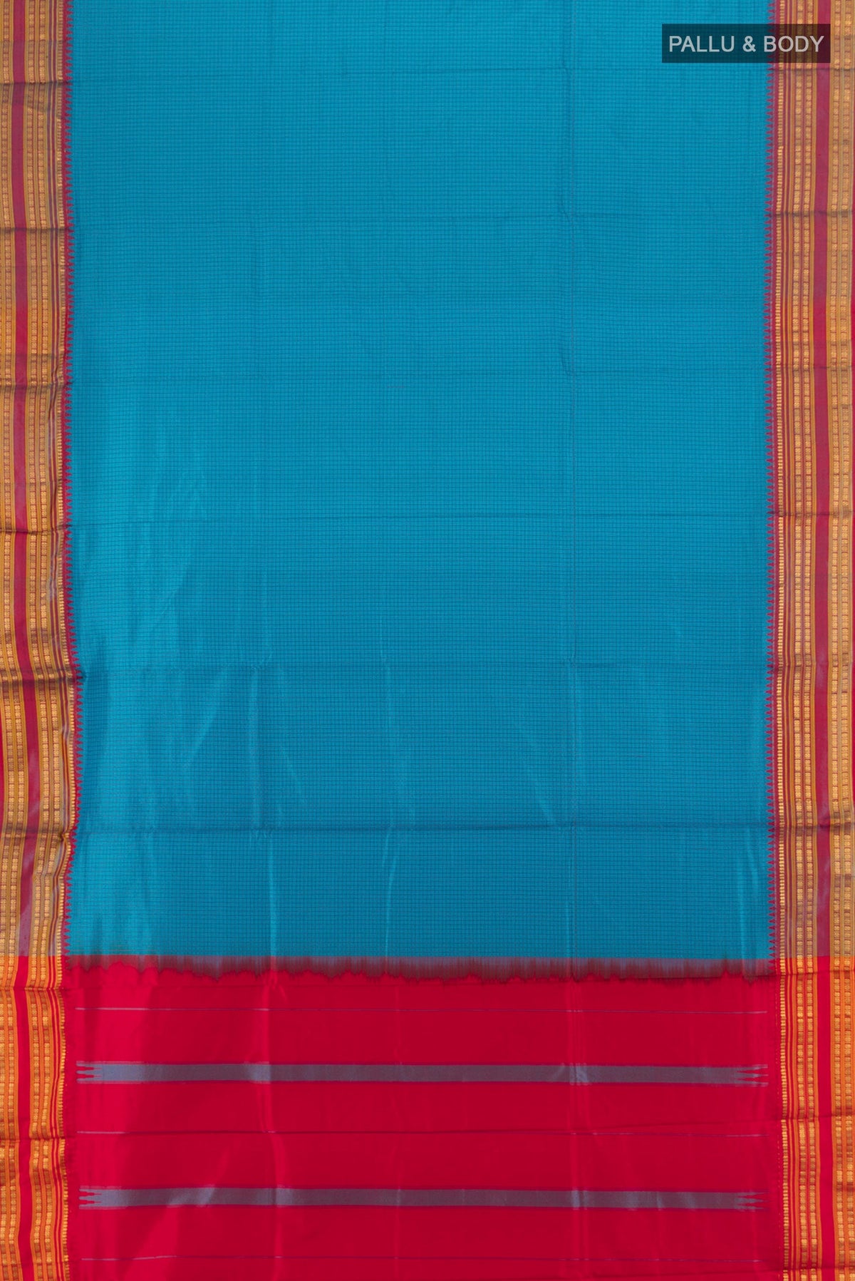 Flat view of Dark Blue Narayanpet Silk Saree with Checked design on the body and Silk Border. 