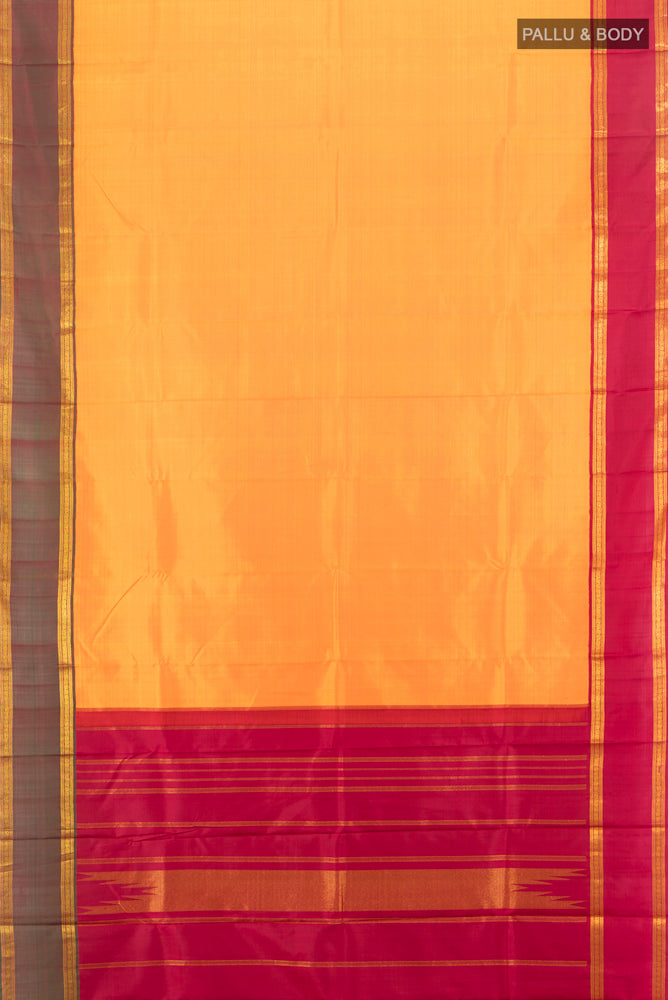 Flat view of Pure Silk Pure Zari Yellow Kanchipuram Saree with Zari Butta on the body and Silk Border. 