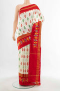 Cream Pochampally Saree with Ikat Print on the body and Silk Border displayed on a mannequin