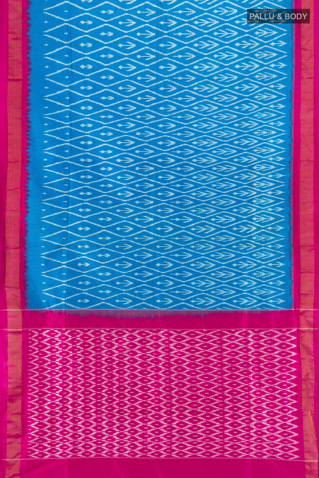 Flat view of Sky Blue Pochampally Silk Saree with Ikat design on the body and Zari Border. 
