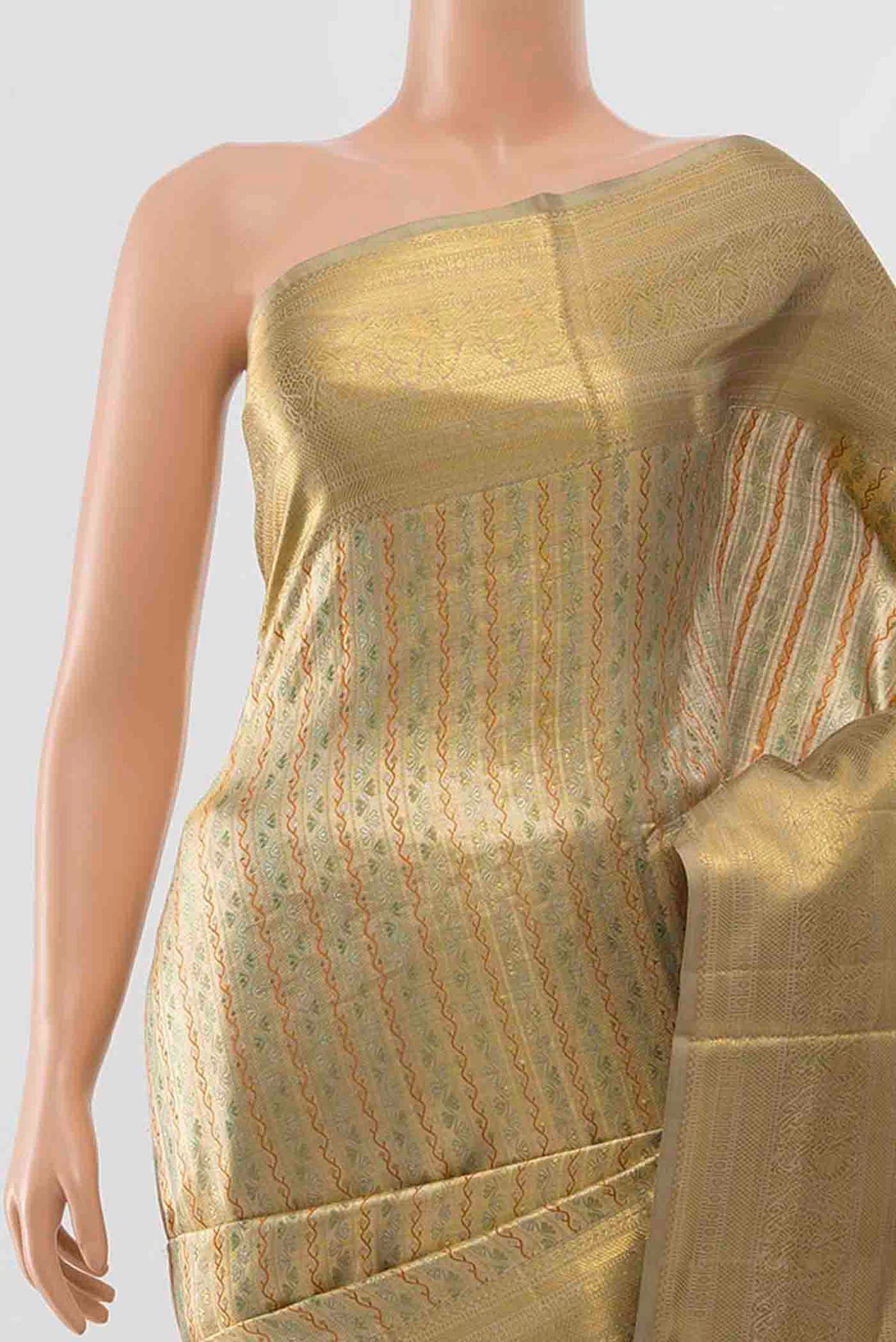 Border image of Golden Kanchipuram Silk Saree with Zari Brocade on the body and Silk Border