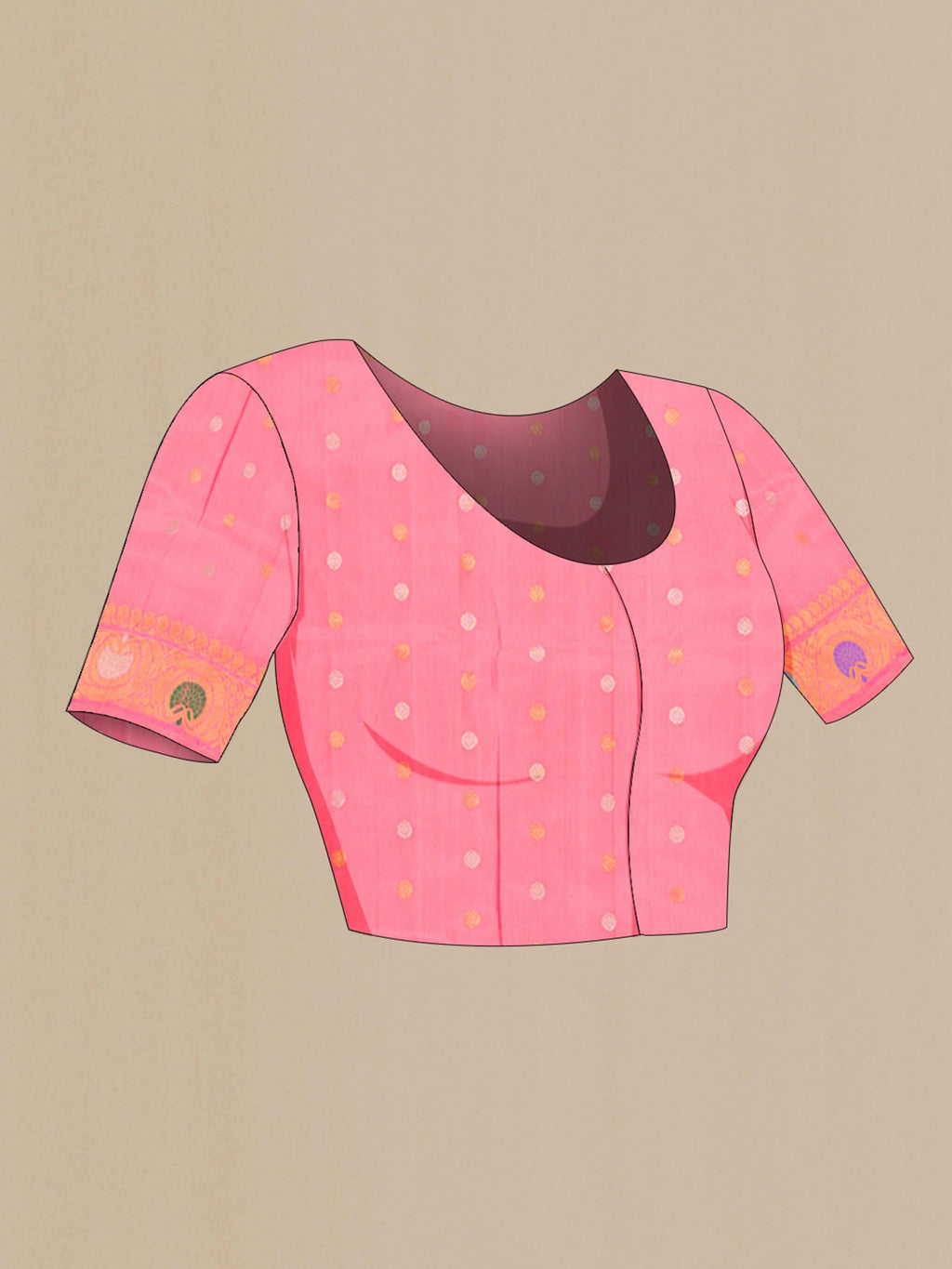 Close up image of the blouse of Rose pink Gadwal Silk Saree with Zari Butta on the body and Zari Border