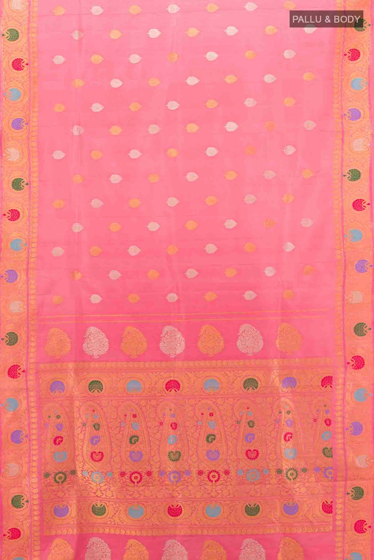 Flat view of Rose pink Gadwal Silk Saree with Zari Butta on the body and Zari Border