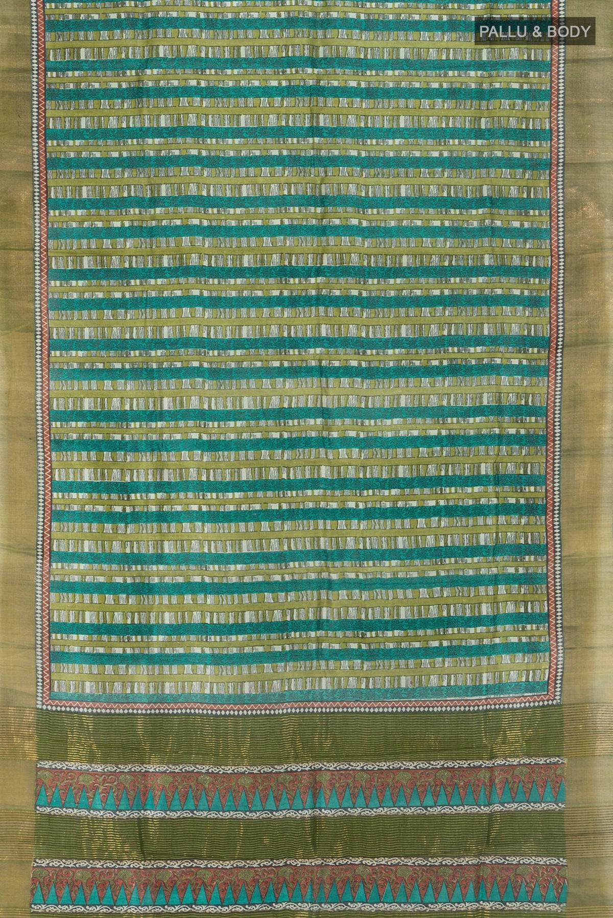 Flat view of Multi Color Tussar Silk Saree with Printed design on the body and Zari Border. 