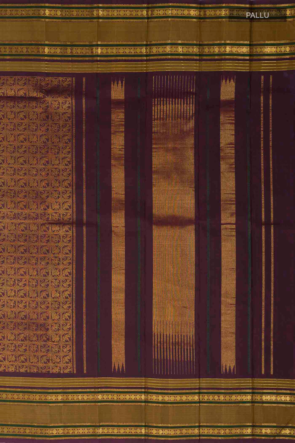 Close up image of the pallu of Burgundy Kanchipuram Silk Saree with Zari Brocade on the body and Zari Border
