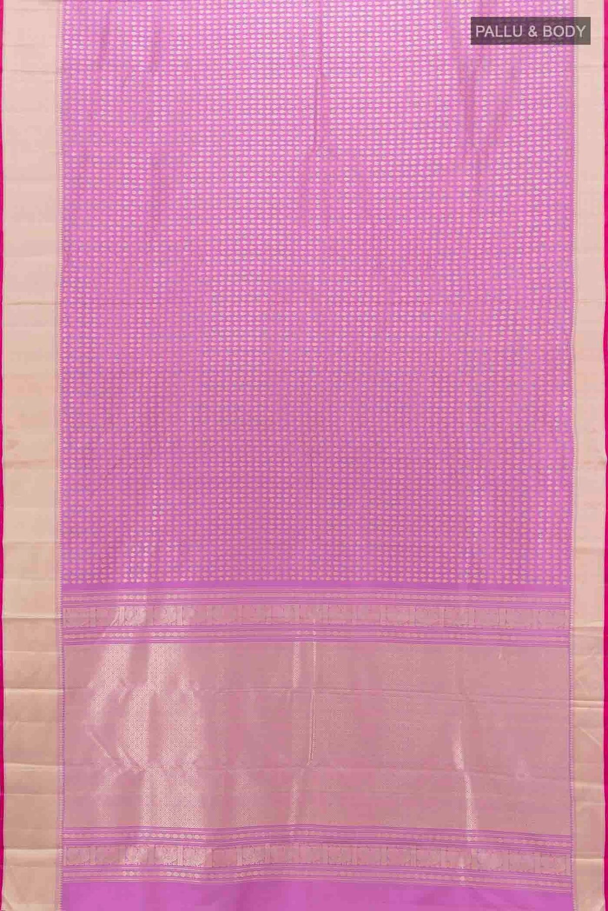 Flat view of Lavender Kanchipuram Silk Saree with Zari Butta on the body and Silk Border