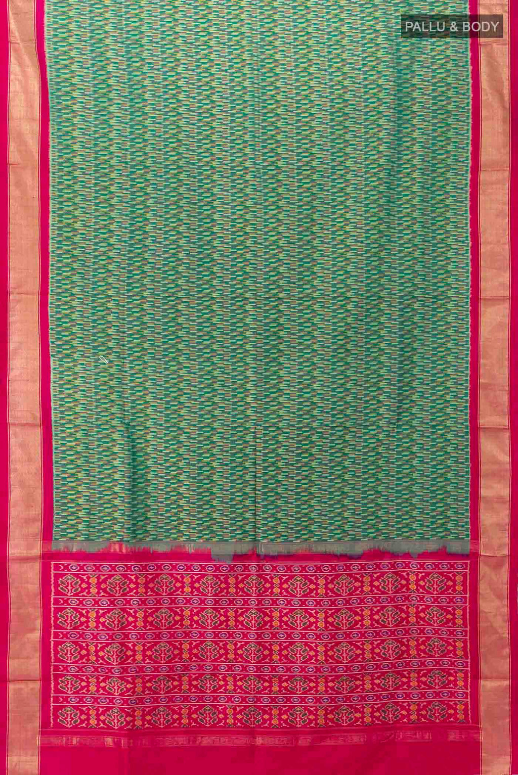 Flat view of Green Pochampally Silk Saree with Ikat Print on the body and Silk Border