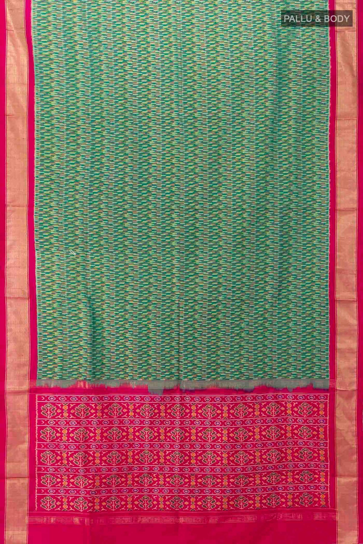 Flat view of Green Pochampally Silk Saree with Ikat Print on the body and Silk Border