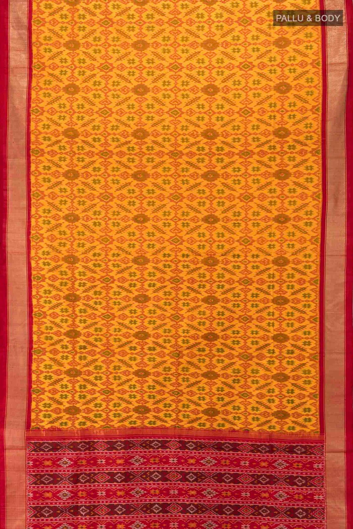Flat view of Mustard Pochampally Silk Saree with Zari Butta on the body and Silk Border