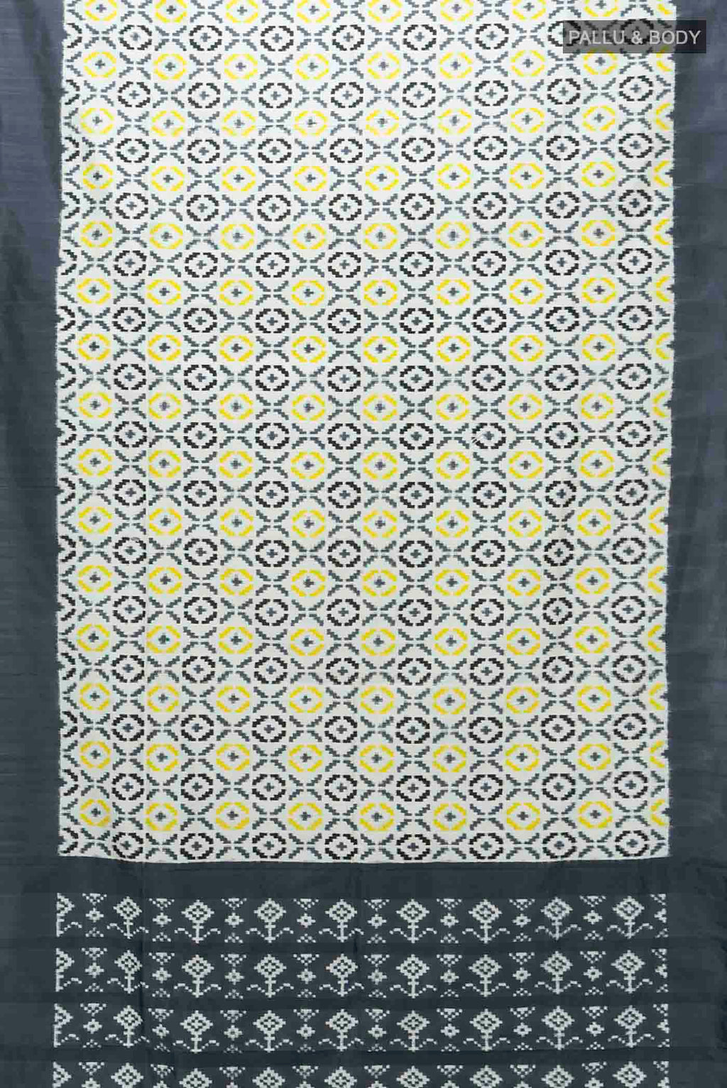 Flat view of Off White Pochampally Silk Saree with Ikat Print on the body and Silk Border