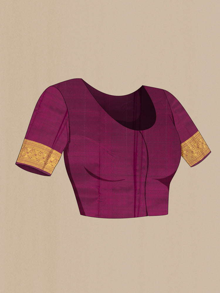 Close up image of the blouse of Purple Kanchipuram Silk Saree with Zari Butta on the body and Silk Border. 