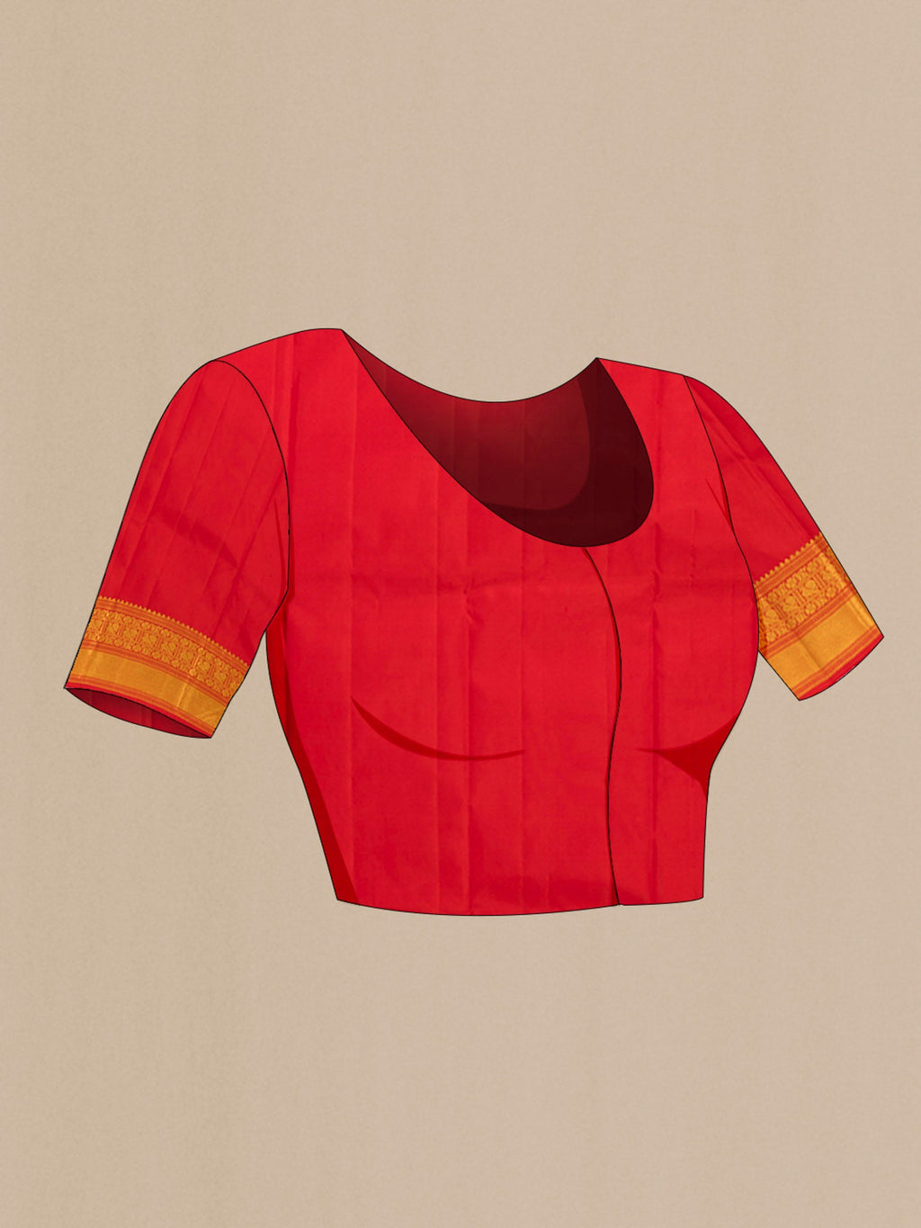Close up image of the blouse of Red Kanchipuram Silk Saree with Zari Butta on the body and Zari Border