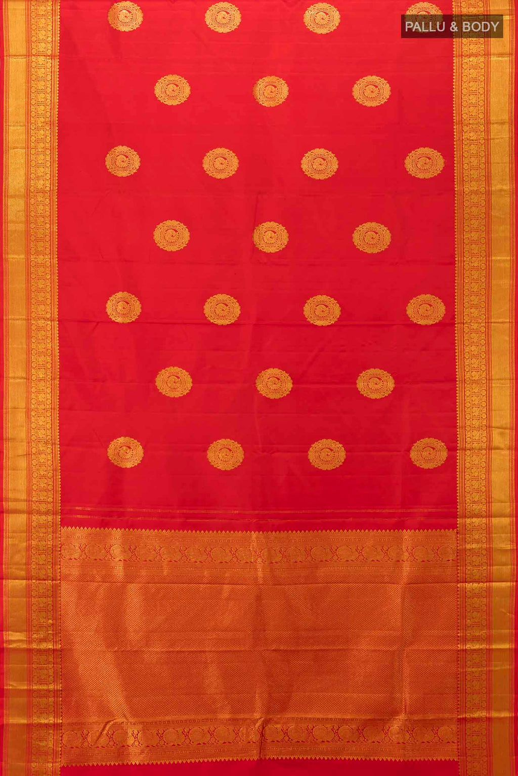 Flat view of Red Kanchipuram Silk Saree with Zari Butta on the body and Zari Border
