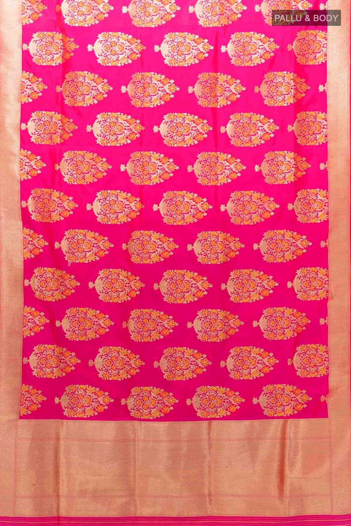 Flat view of Pure Silk Pure Zari Rani Pink Banarasi Saree with Zari Butta on the body and Attached Border