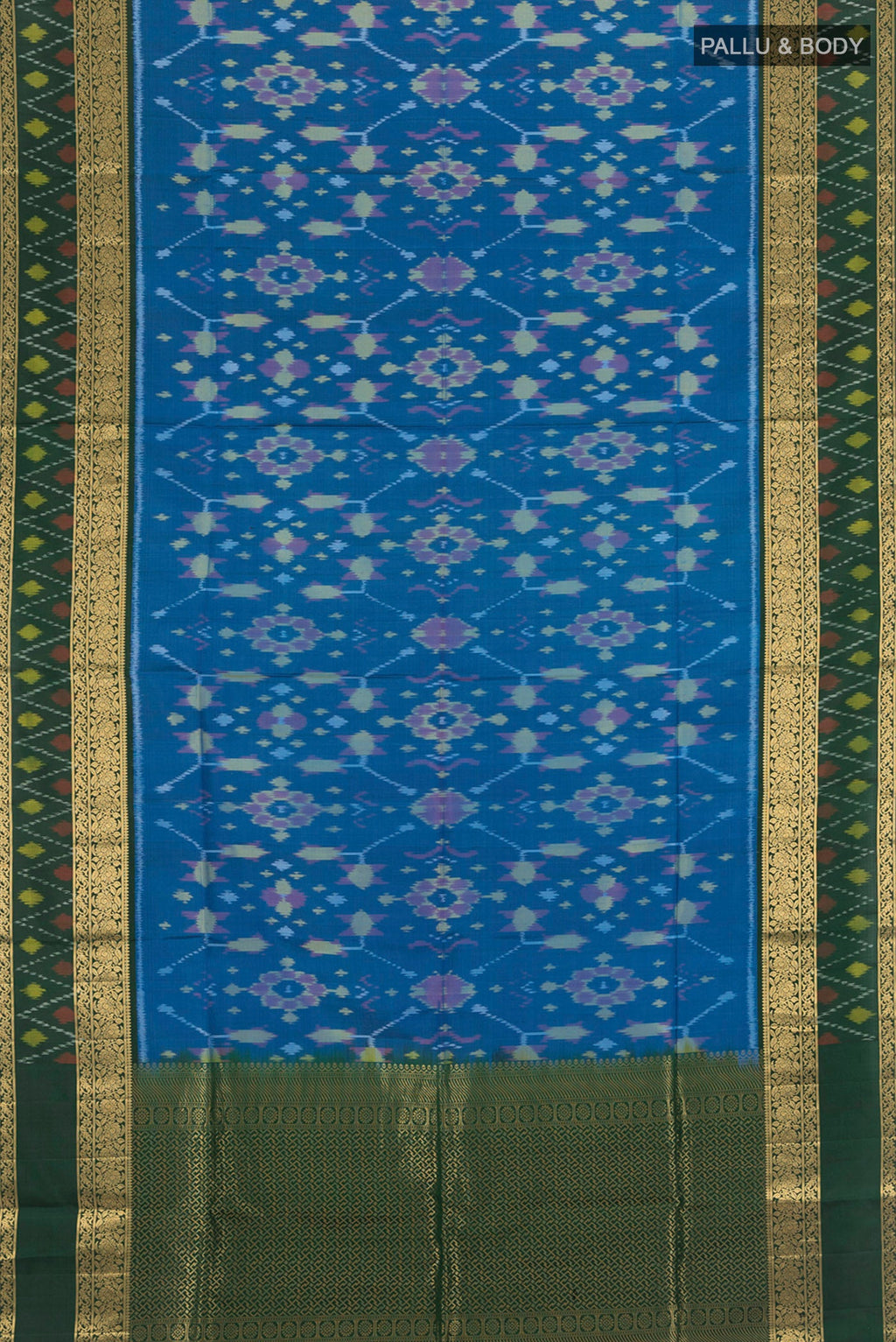 Flat view of Light Blue Soft Silk Saree with Ikat design on the body and Zari Border. 