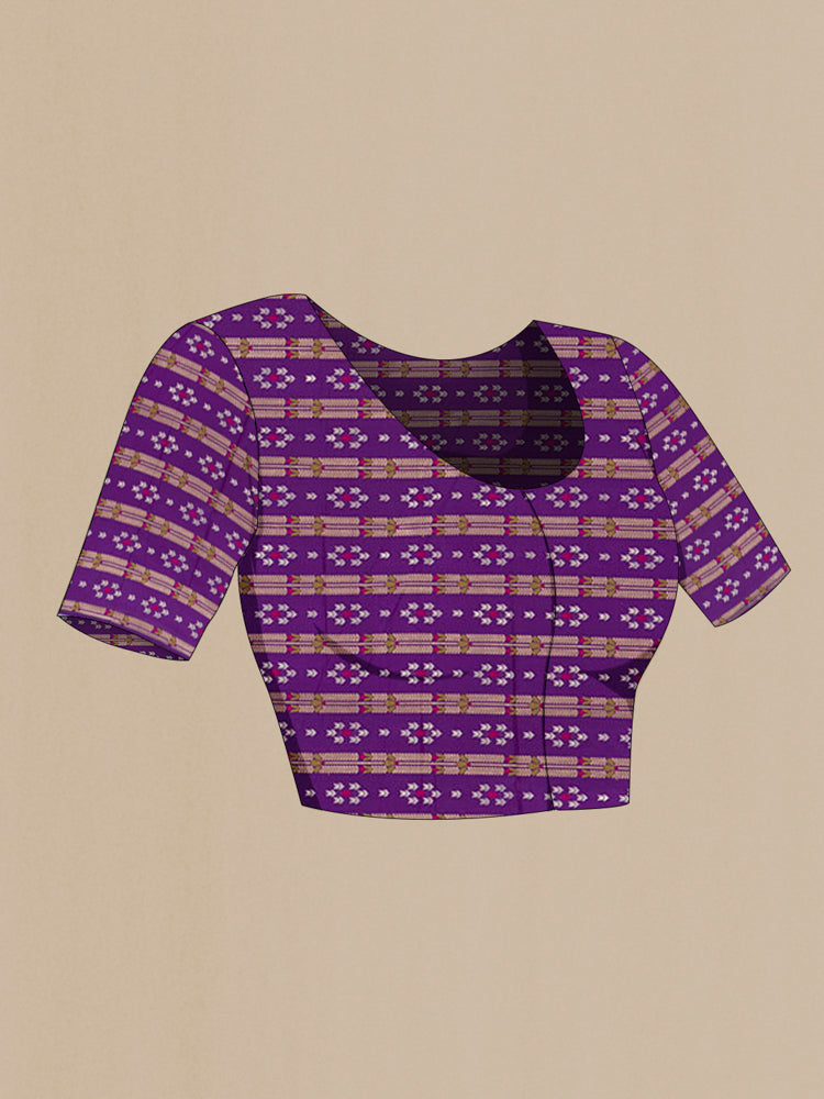 Close up image of the blouse of Violet Banarasi Katan Silk Saree with Zari Butta on the body and Silk Border. 