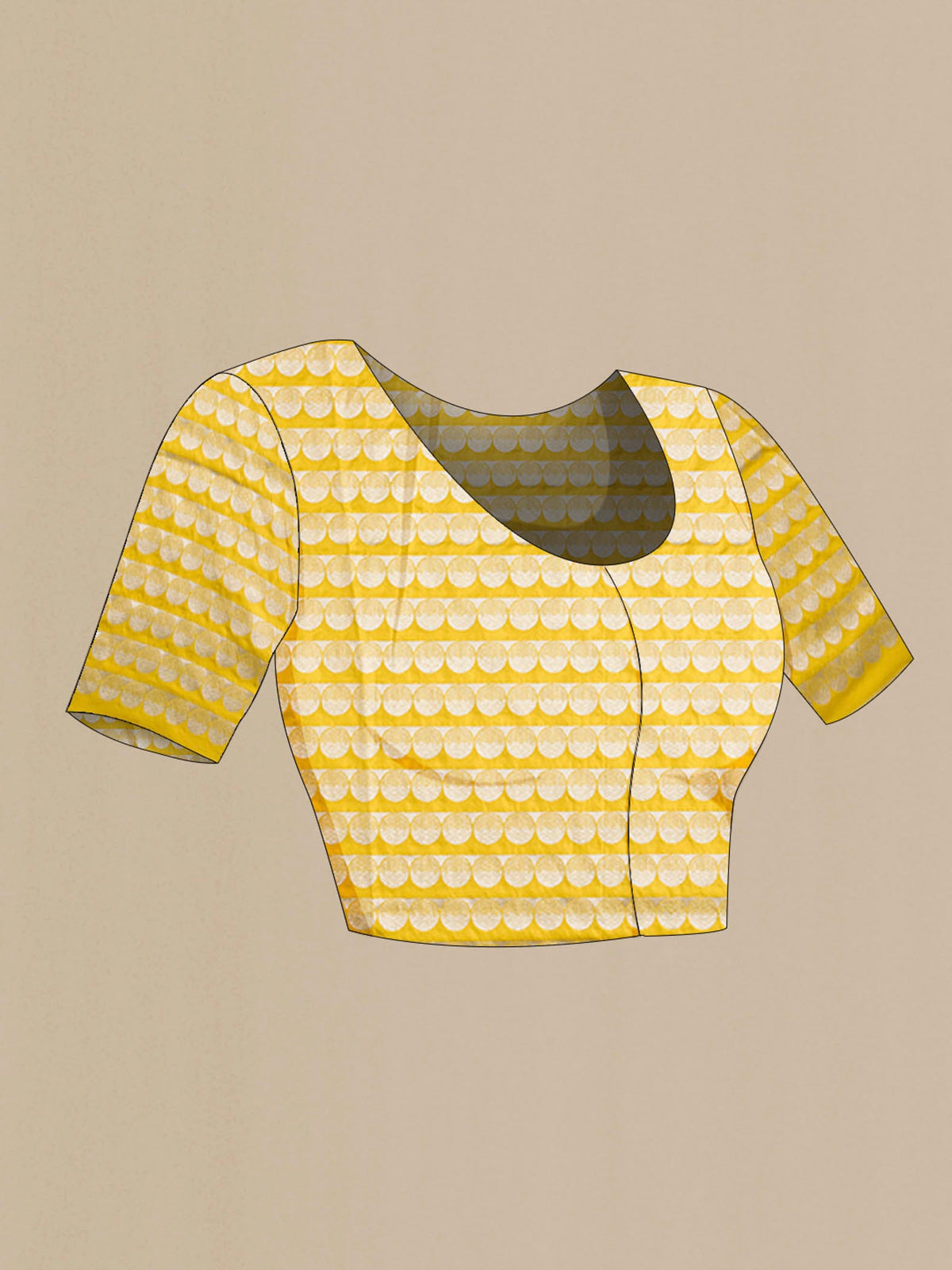 Close up image of the blouse of Yellow Banarasi Silk Saree with Zari Butta on the body and Zari Border