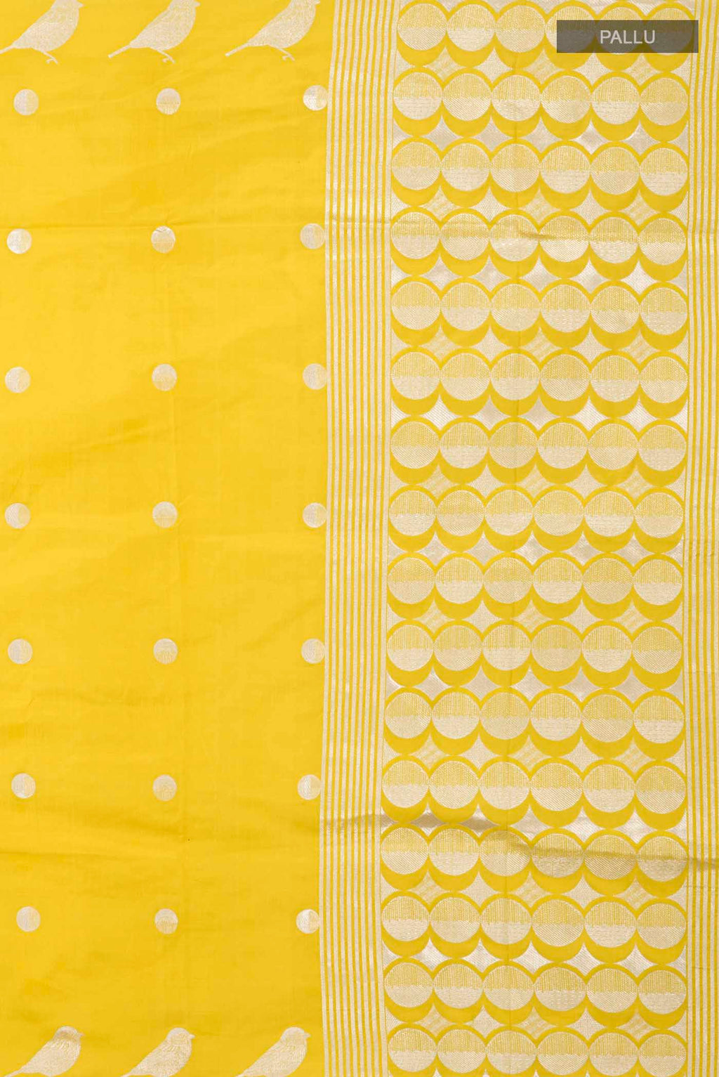 Close up image of the pallu of Yellow Banarasi Silk Saree with Zari Butta on the body and Zari Border