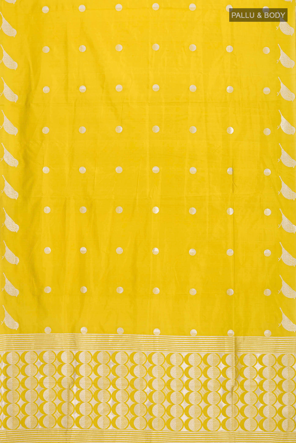 Flat view of Yellow Banarasi Silk Saree with Zari Butta on the body and Zari Border