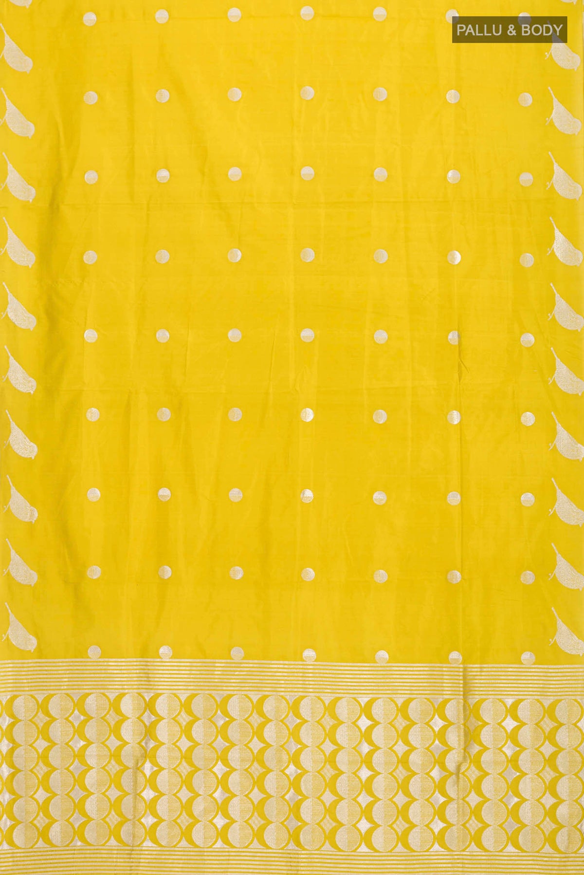 Flat view of Yellow Banarasi Silk Saree with Zari Butta on the body and Zari Border