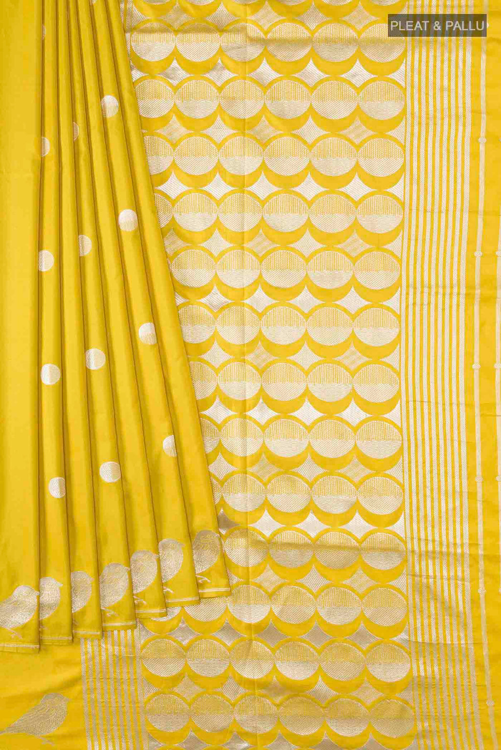 Pleats and pallu of Yellow Banarasi Silk Saree with Zari Butta on the body and Zari Border