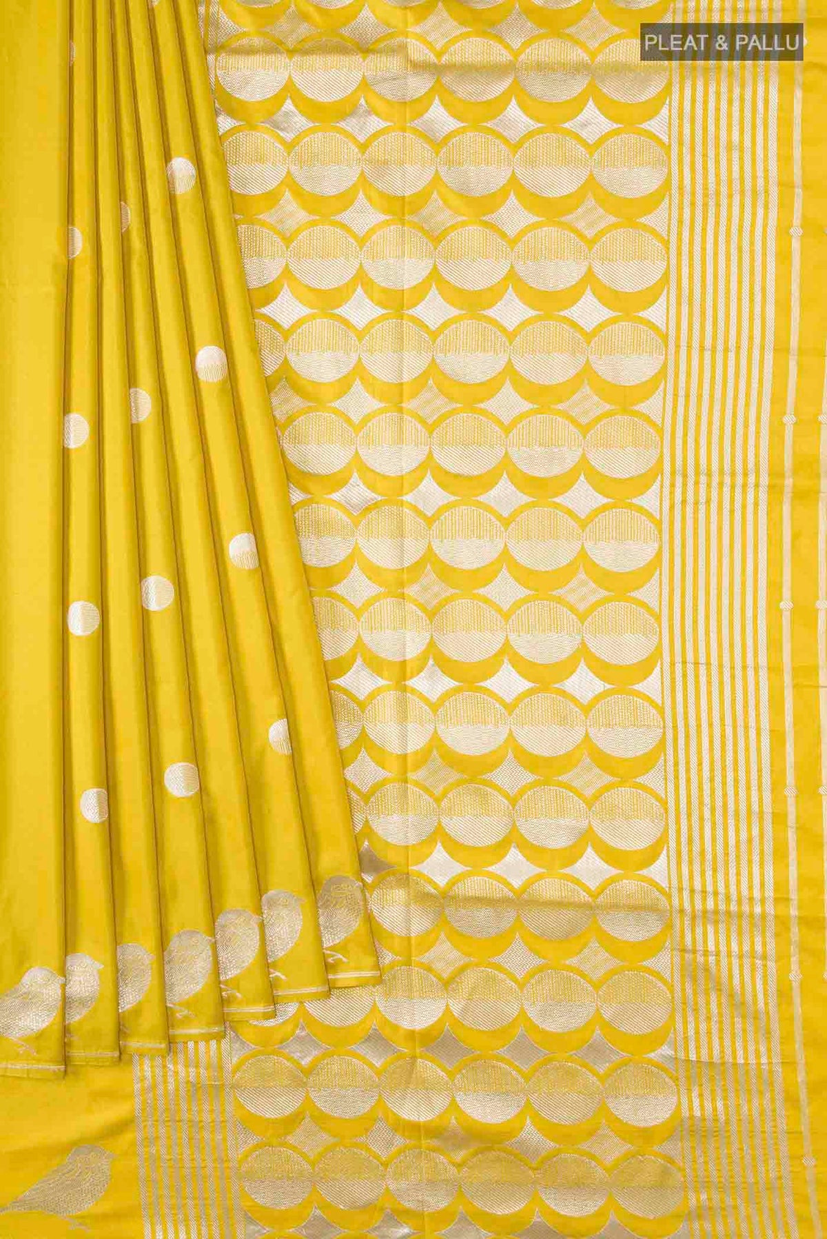 Pleats and pallu of Yellow Banarasi Silk Saree with Zari Butta on the body and Zari Border