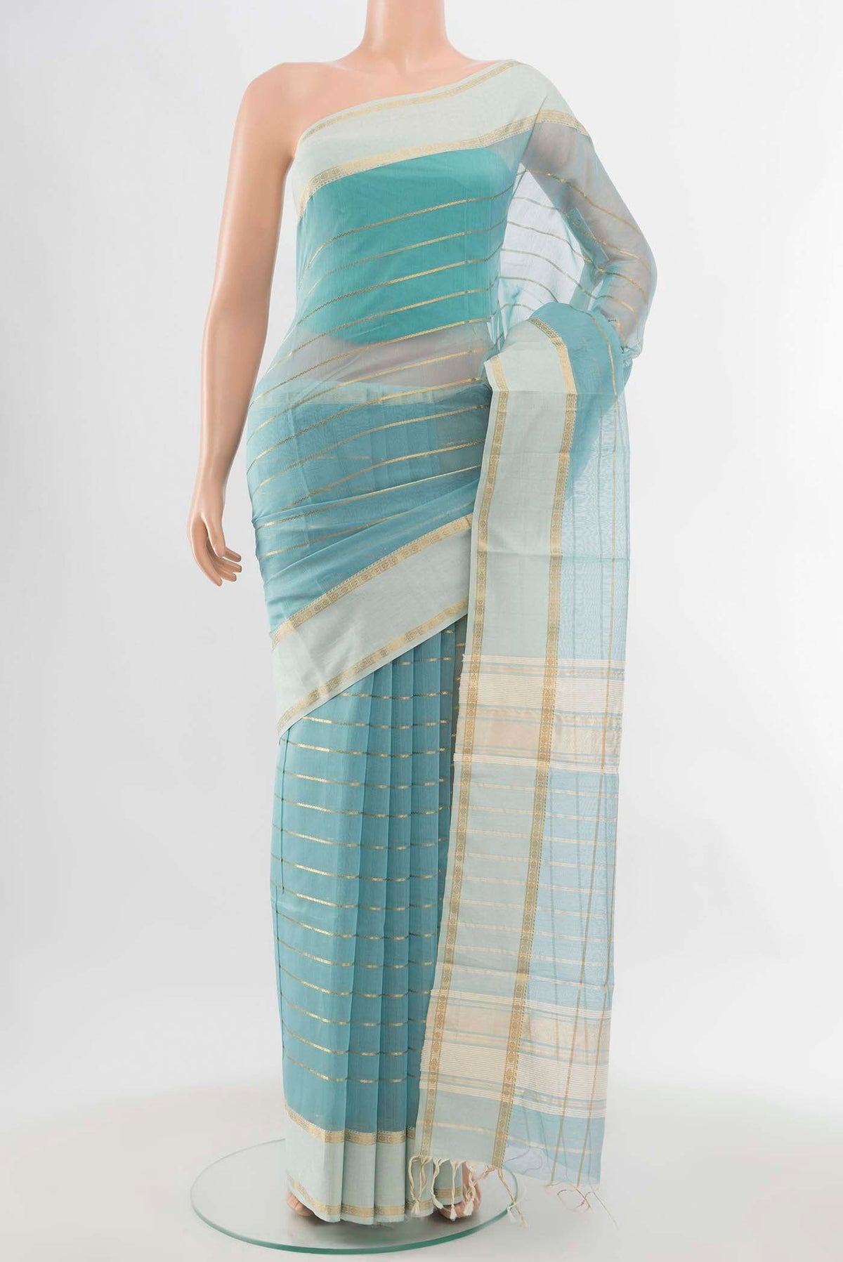 Sky Blue Art Silk Saree with Zari Butta on the body and Silk Border displayed on a mannequin