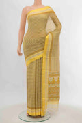 Cream Maheshwari Silk Cotton Saree with Zari Butta on the body and Silk Border displayed on a mannequin