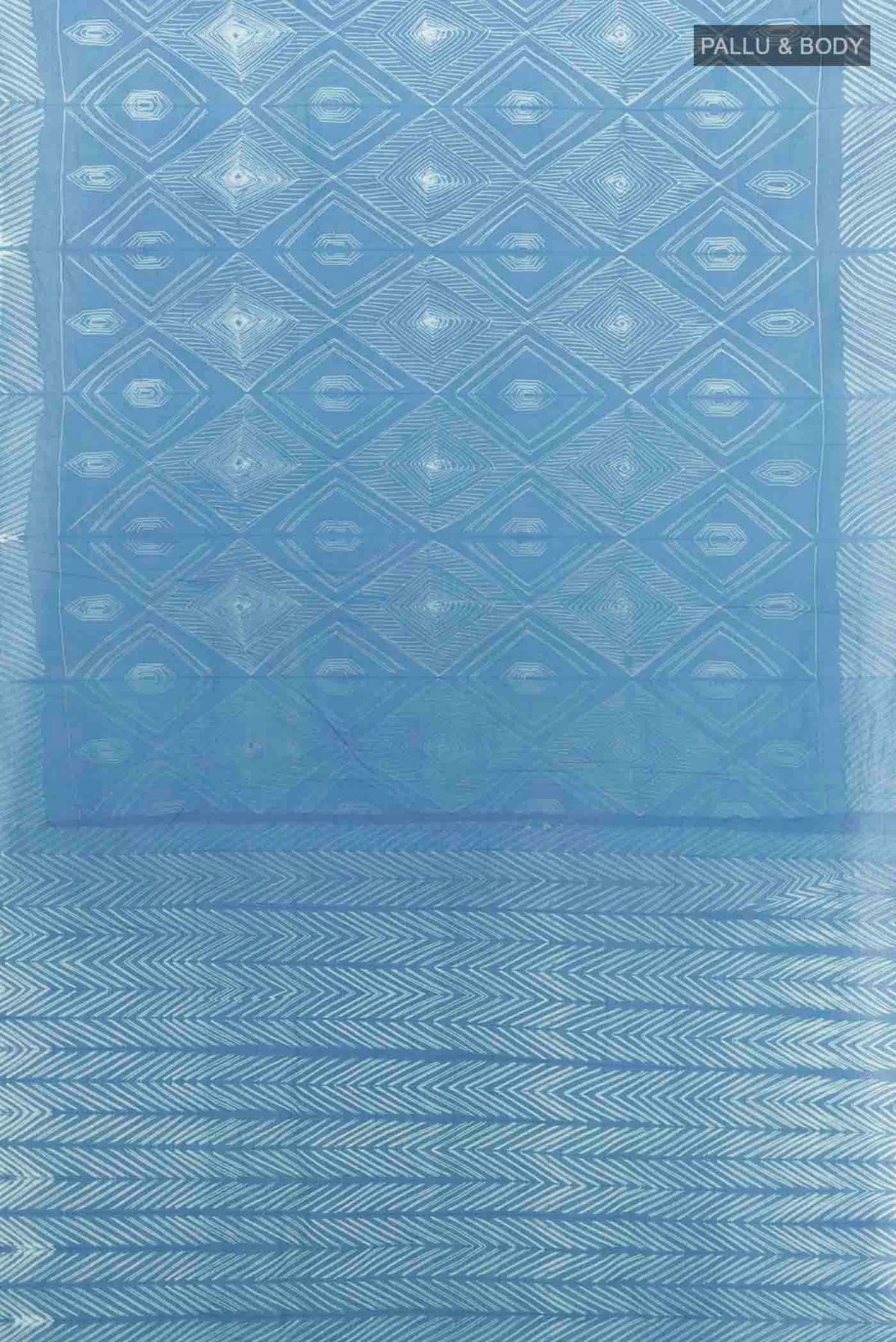 Flat view of Blue Maheshwari Silk Cotton Saree with Printed design on the body and Printed Border