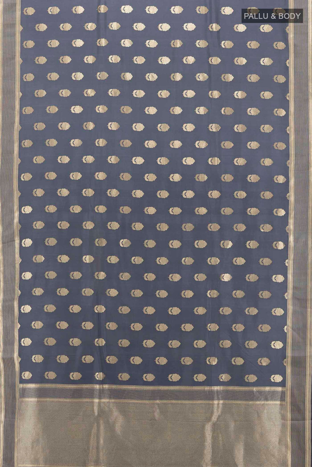Flat view of Grey Banarasi Silk Saree with Zari Butta on the body and Silk Border