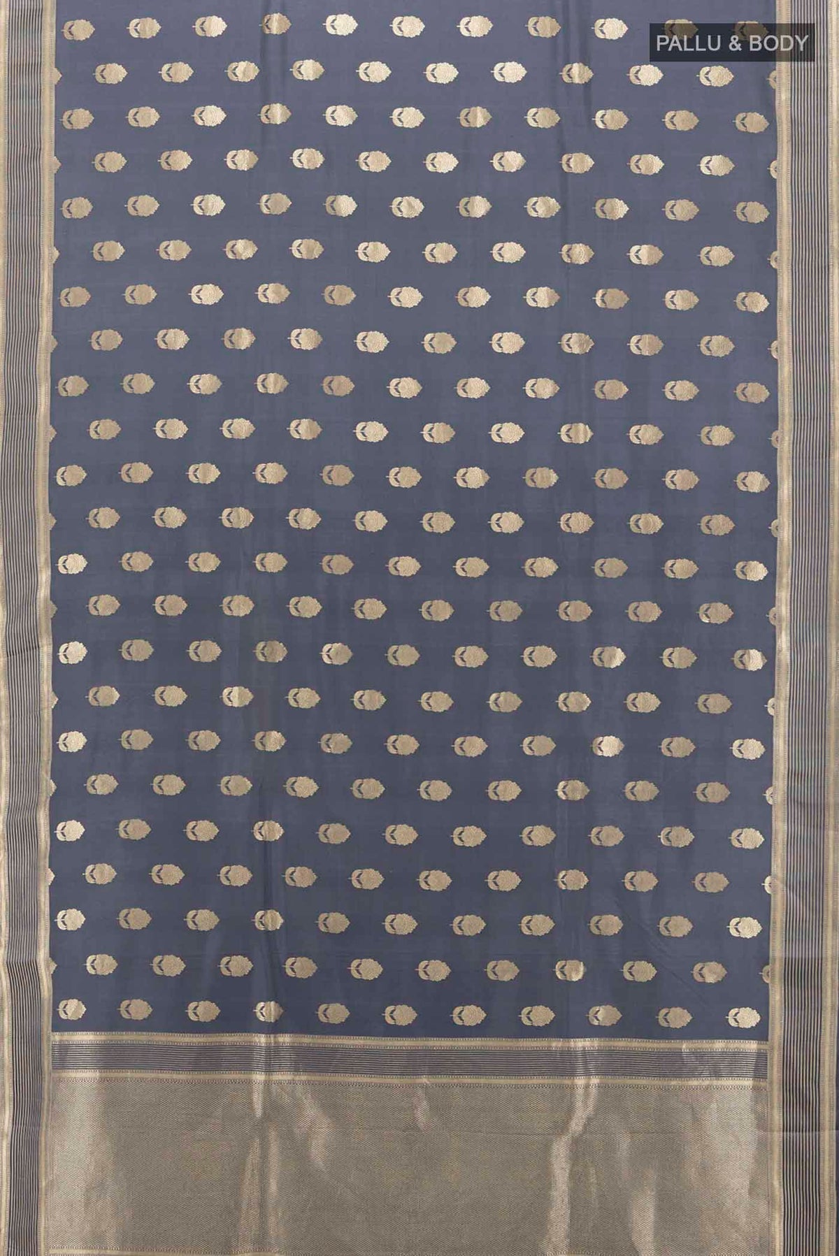 Flat view of Grey Banarasi Silk Saree with Zari Butta on the body and Silk Border