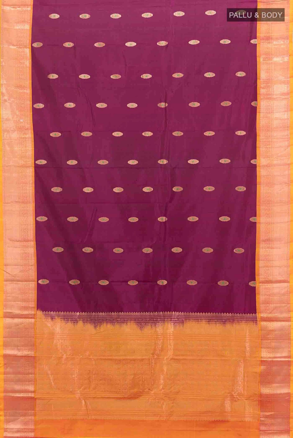 Flat view of Purple Kanchipuram Silk Nine Yards Saree with Zari Butta on the body and Silk Border