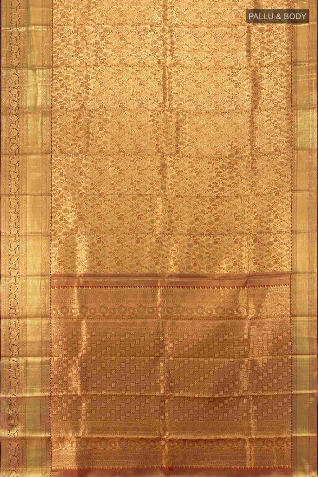 Flat view of Golden Kanchipuram Silk Saree with Zari Butta on the body and Silk Border