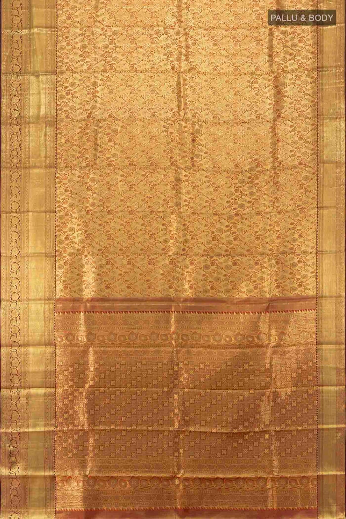 Flat view of Golden Kanchipuram Silk Saree with Zari Butta on the body and Silk Border